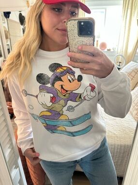 Disney White Sweatshirt with Colorful Skiing Mickey Graphic